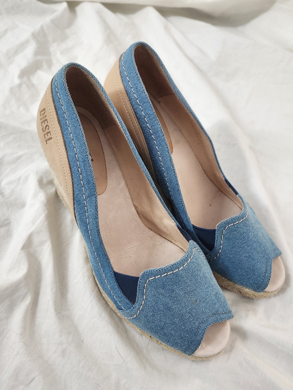 Diesel Women's Blue Denim Espadrille Wedge Peep-Toe Sole Sandals, Size 8.5
